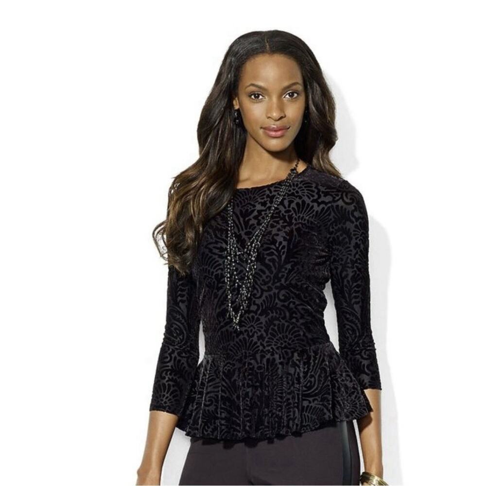 Lauren Ralph Lauren Burnout Velvet Peplum Top Size L‎ Black Floral Whimsical EUC